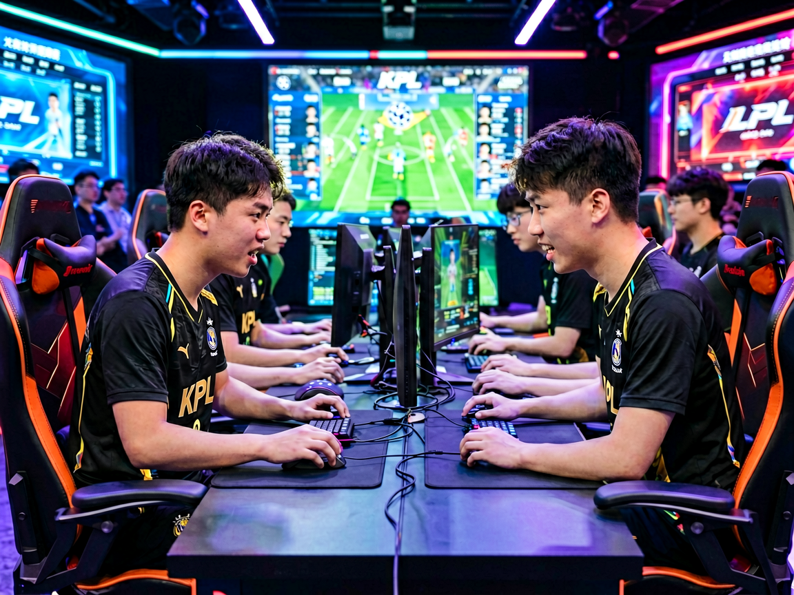 电竞比赛现场，选手在专业电竞场馆内激烈对抗